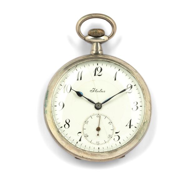 Orologio da tasca in argento, quadrante bianco con numeri Arabi e piccoli secondi al sei<BR>49 mm<BR>