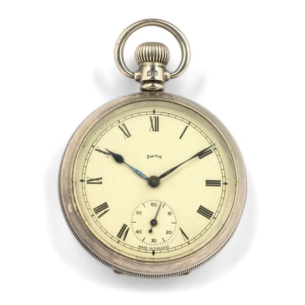 Orologio da tasca inglese in argento, quadrante bianco con numeri Romani, movimento con scappamento ad ancora<BR>50,5 mm