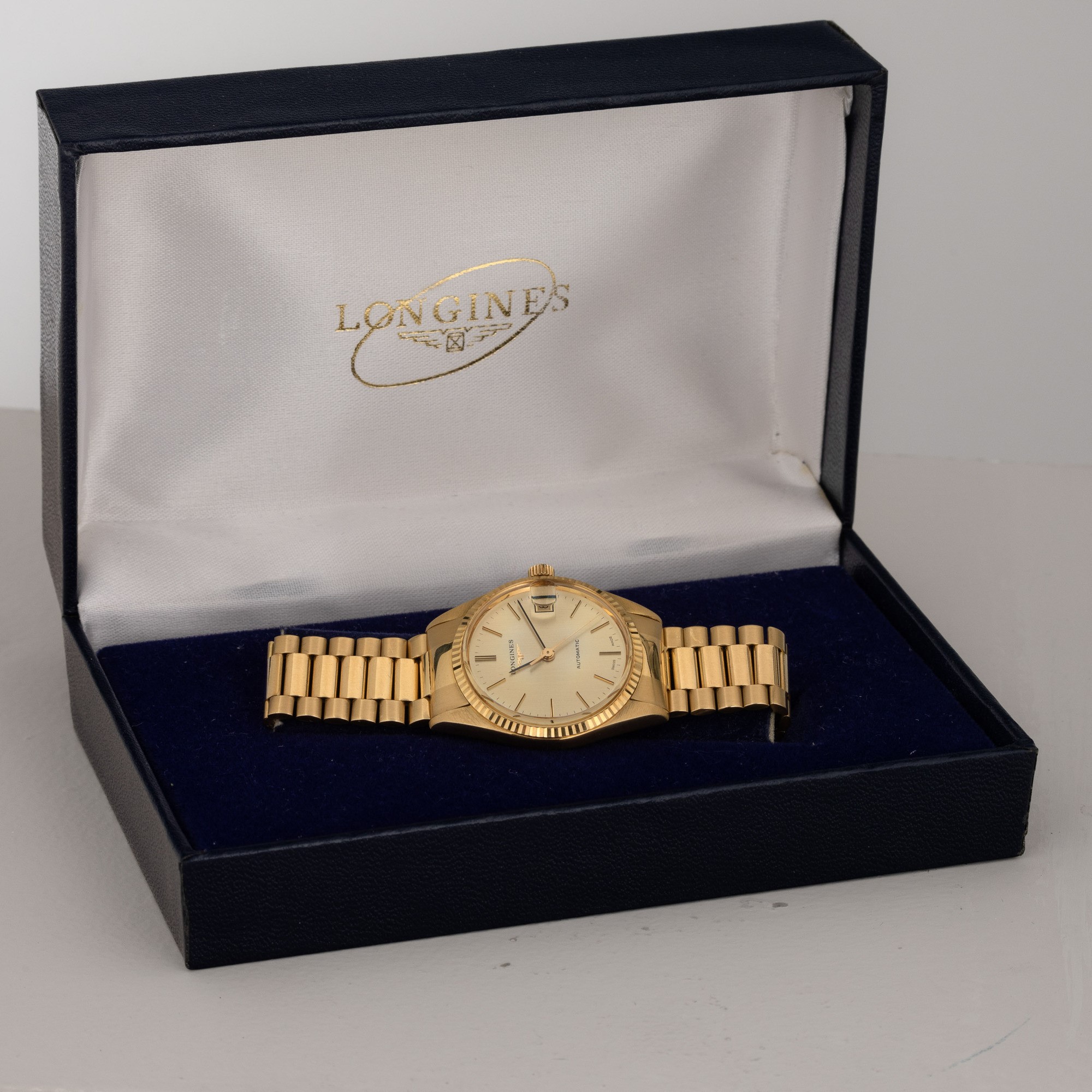 Longines - Automatic in Oro Giallo 18k con Datario, Quadrante Champagne e Bracciale "president", ...