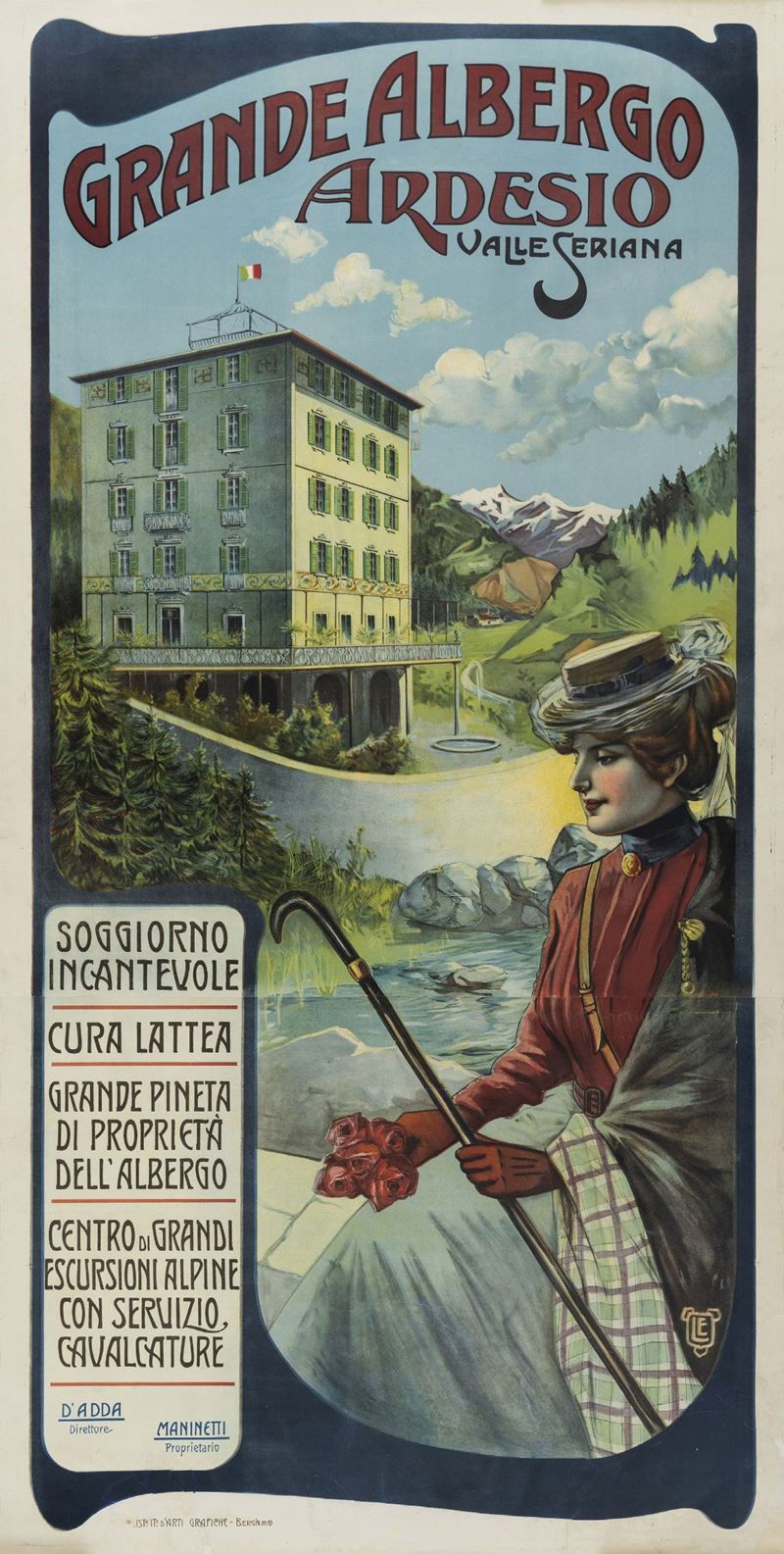 Leonida Edel : Grande Albergo Hotel Ardesio, Valle Seriana (Bergamo)  - Asta Manifesti d'Epoca - Cambi Casa d'Aste
