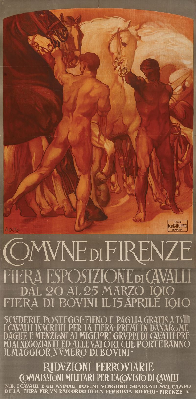 Adolfo De Karolis : Fiera Esposizione Cavalli - Firenze 1910  - Asta Manifesti d'Epoca - Cambi Casa d'Aste
