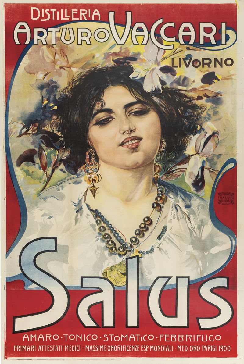 Anonimo : Amaro Salus, distilleria Arturo Vaccari – Livorno  - Auction Vintage Posters - Cambi Casa d'Aste