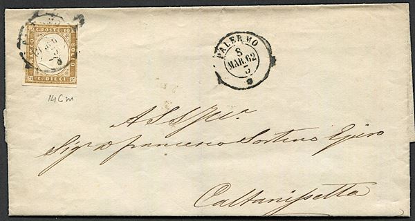 1861, Sardegna, 10c, bruno chiaro (S. 14 Cm)