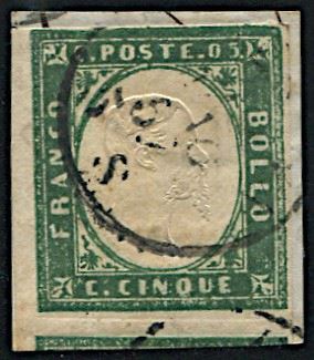1857, Sardegna, 5 cent. verde scuro (S. 13 Ac)