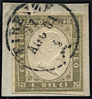 1861, Sardegna, 10c, oliva grigio verdastro carico (S. 14 Cba)
