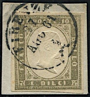 1861, Sardegna, 10c, oliva grigio verdastro carico (S. 14 Cba)  - Asta Storia Postale e Filatelia - Cambi Casa d'Aste