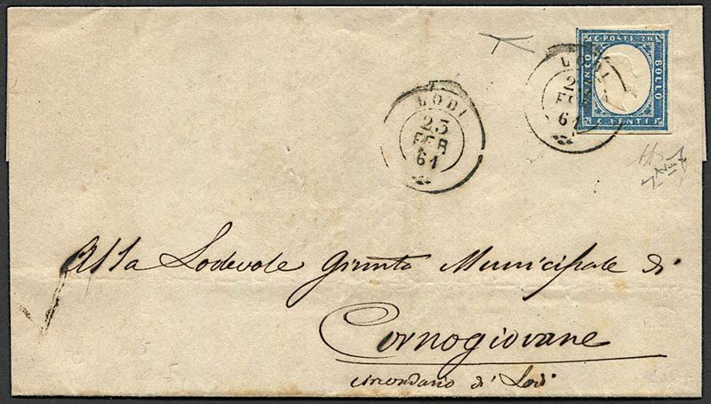 1861, Sardegna, 20c, azzurro grigio (S. 15 Cc)  - Auction Postal History and Philately - Cambi Casa d'Aste
