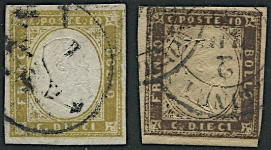 1859/1862, Sardegna, 10c, oliva chiaro (S. 14 Db)