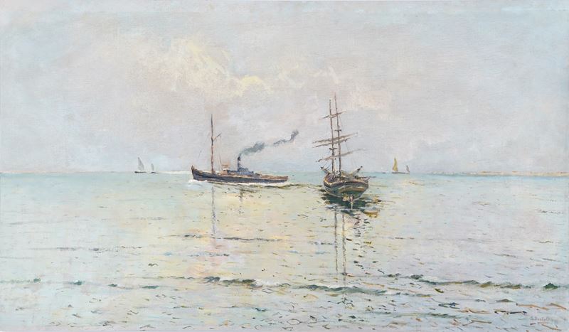 Guido Bartoli : Barche in mare  - olio su tavoletta - Auction Painting of the XIX-XX century - Cambi Casa d'Aste
