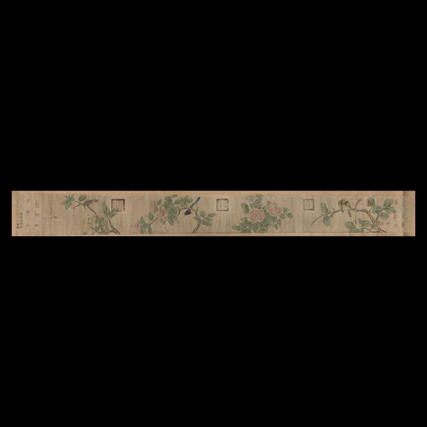 Scroll su carta a decoro di paesaggio e iscrizioni: "La tolleranza è una virtù, non esiste un sé per il pubblico", "Tesori di cimelio", autore: Lang Shining, Cina, Dinastia Qing, XIX secolo 