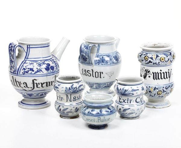 Sei vasi da farmacia. Italia del nord e Liguria, XVIII secolo.