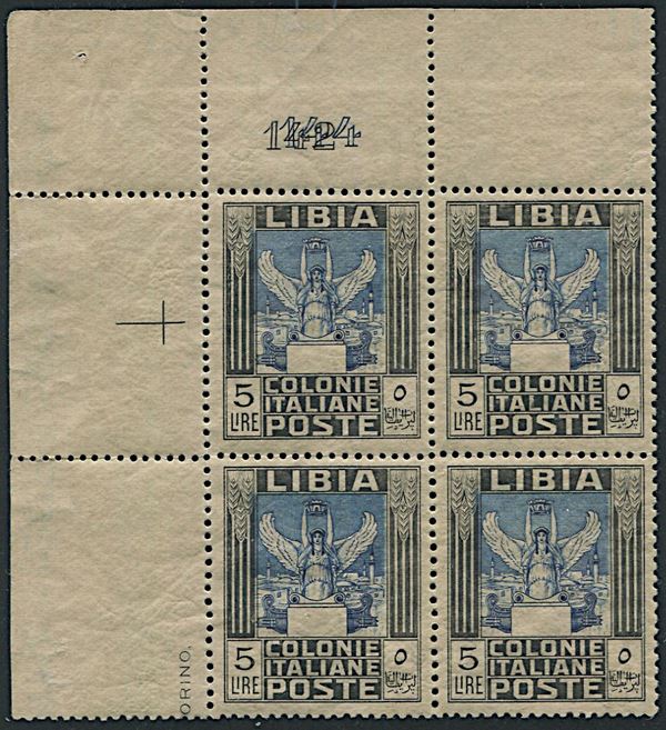 1921, Libia, “Pittorica”, lire (S. 31) in blocco di quattro angolo di foglio superiore