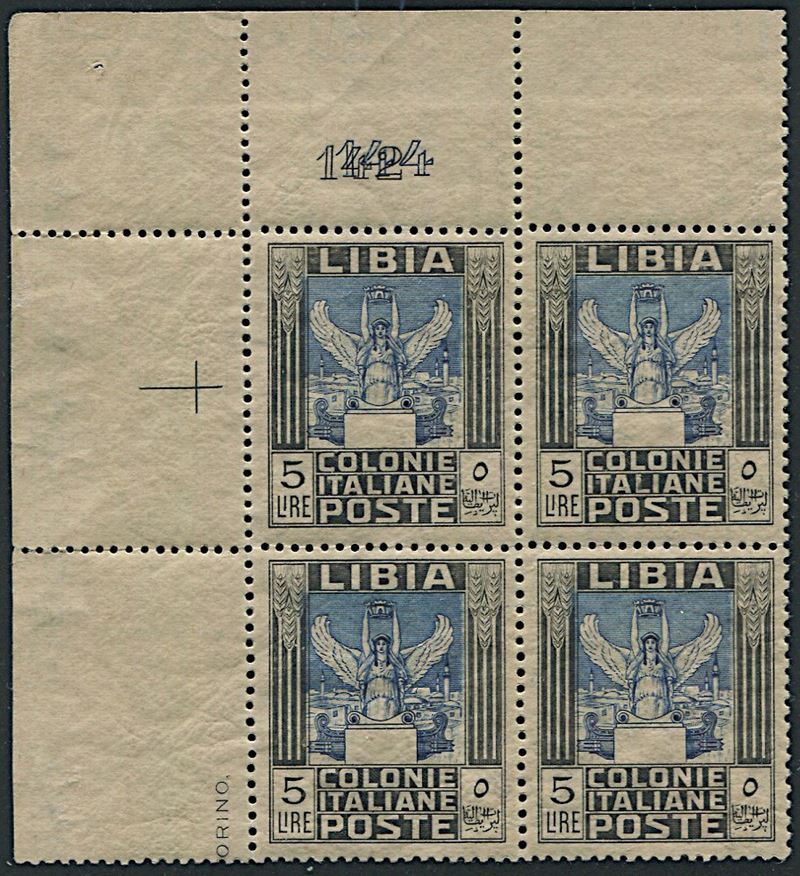 1921, Libia, “Pittorica”, lire (S. 31) in blocco di quattro angolo di foglio superiore  - Asta Storia Postale e Filatelia - Cambi Casa d'Aste