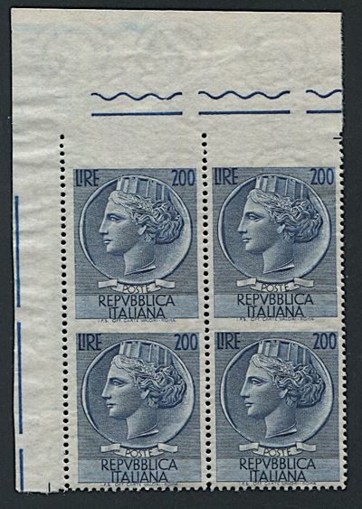 1954, Repubblica Italiana, “siracusana” Alti Valori Fil. “ruota”, Lire 200