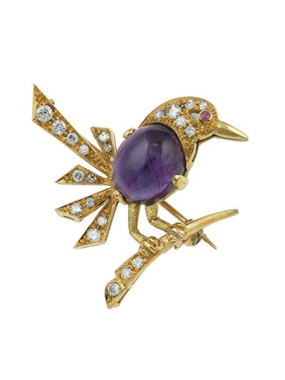 Spilla con Ametista Taglio Cabochon, Piccoli Diamanti e Rubino