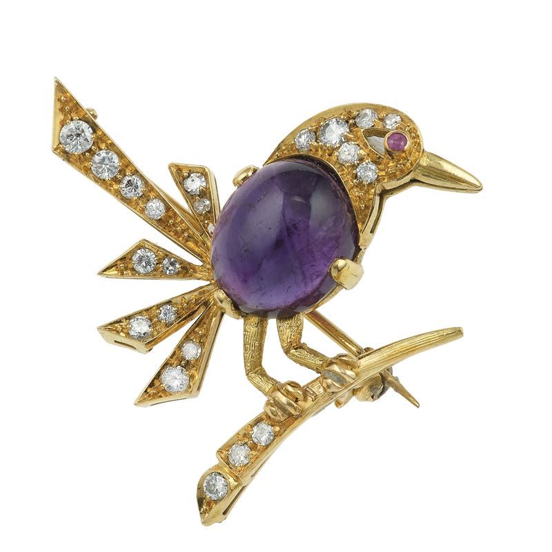 Amethyst, diamond, ruby and gold brooch  - Auction Fine Jewels - Cambi Casa d'Aste