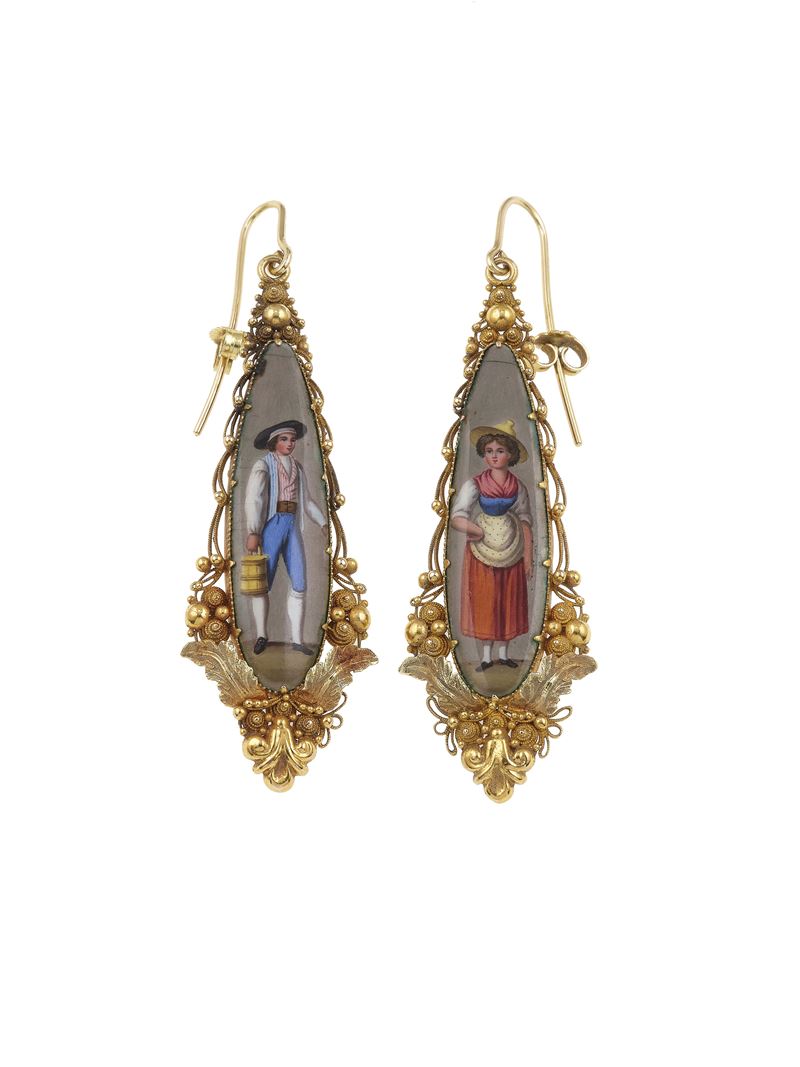 Orecchini in stile con miniature in smalti policromi    - Asta Fine Jewels - Cambi Casa d'Aste