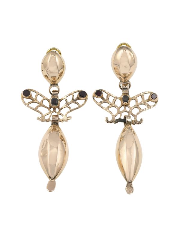 Pair of french jet and low-karat gold earrings