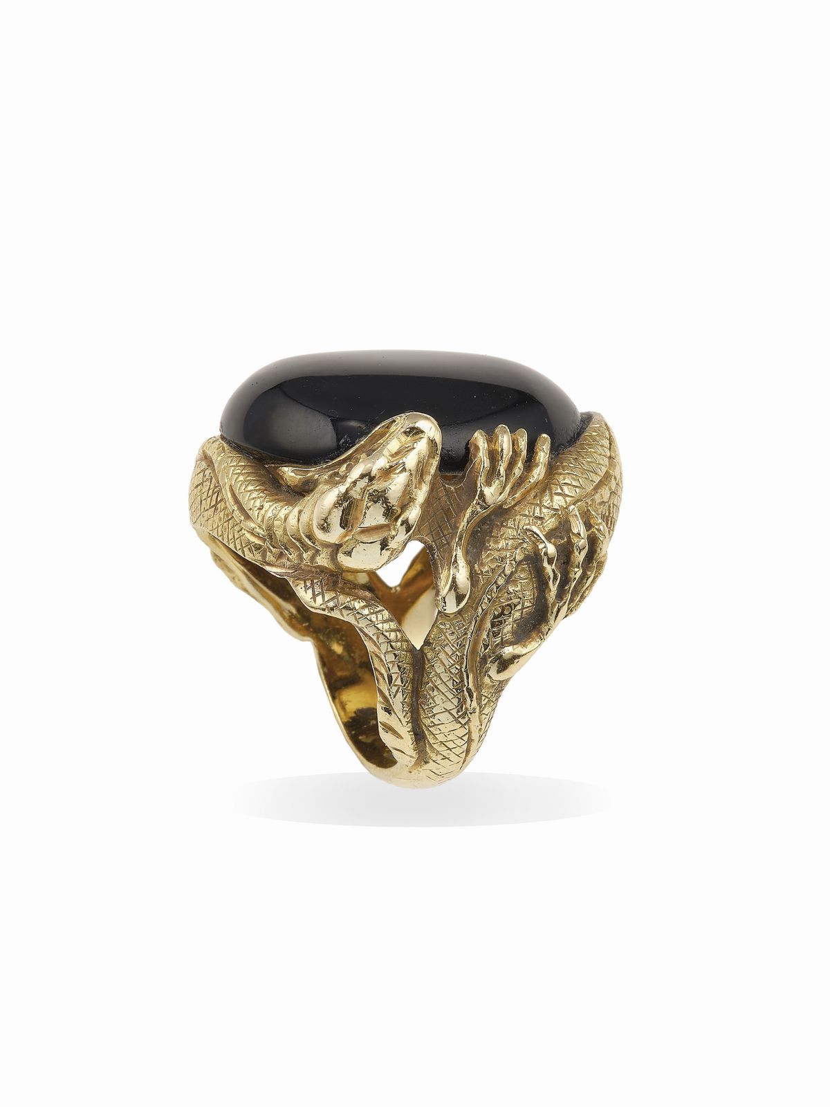 Anello “dragoni”, montatura in oro giallo 750/1000 con gemma sintetica cabochon