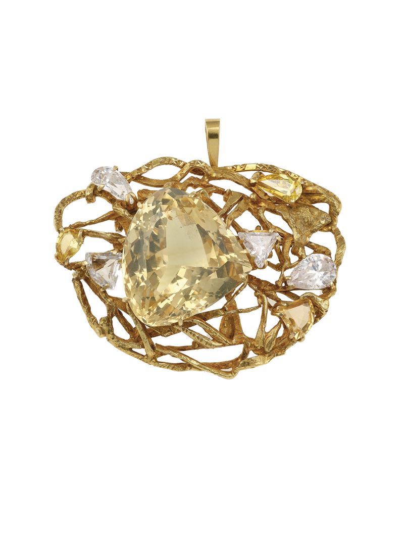 Quartz, paste and gold pendant brooch  - Auction Fine Jewels - Cambi Casa d'Aste