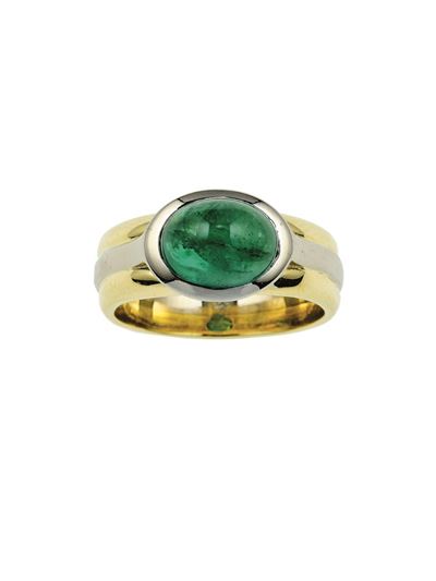 Anello con smeraldo brasiliano taglio cabochon in oro giallo e bianco