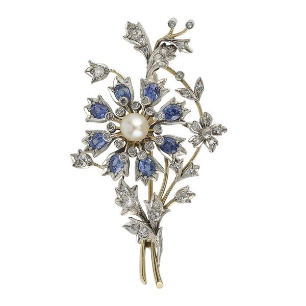 Sapphire, diamond, and cultured pearl brooch