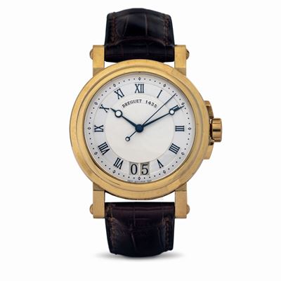Raffinato Breguet Marine Gran Data in Oro Giallo 18 K, Quadrante Guillochè e Datario Ad Ore 6 Acc...