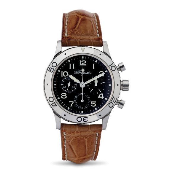 Breguet - Stainless steel flyback wrist chronograph, automatic movement, rotating bezel, black dial with Arabic numerals