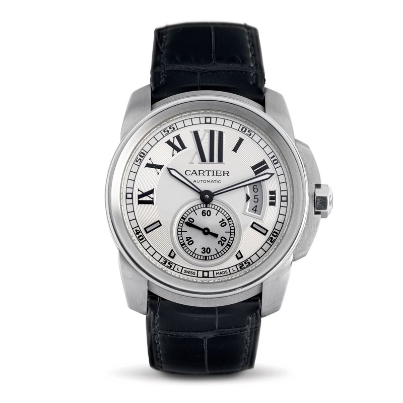 Cartier : Self-winding Calibre de Cartier with date display, in stainless steel, with silvered dial with exposed Roman numerals background  - Auction Watches - Cambi Casa d'Aste