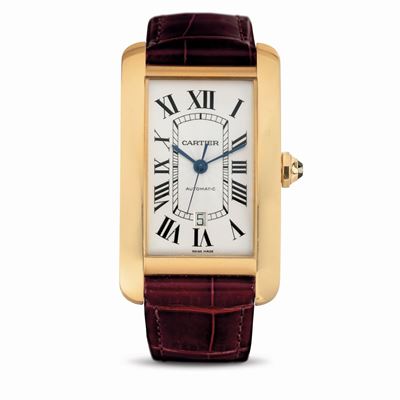 Grande Orologio Tank Americaine XL in Oro Rosa 18k, Quadrante Argentè Flinquè con Numeri Romani e...