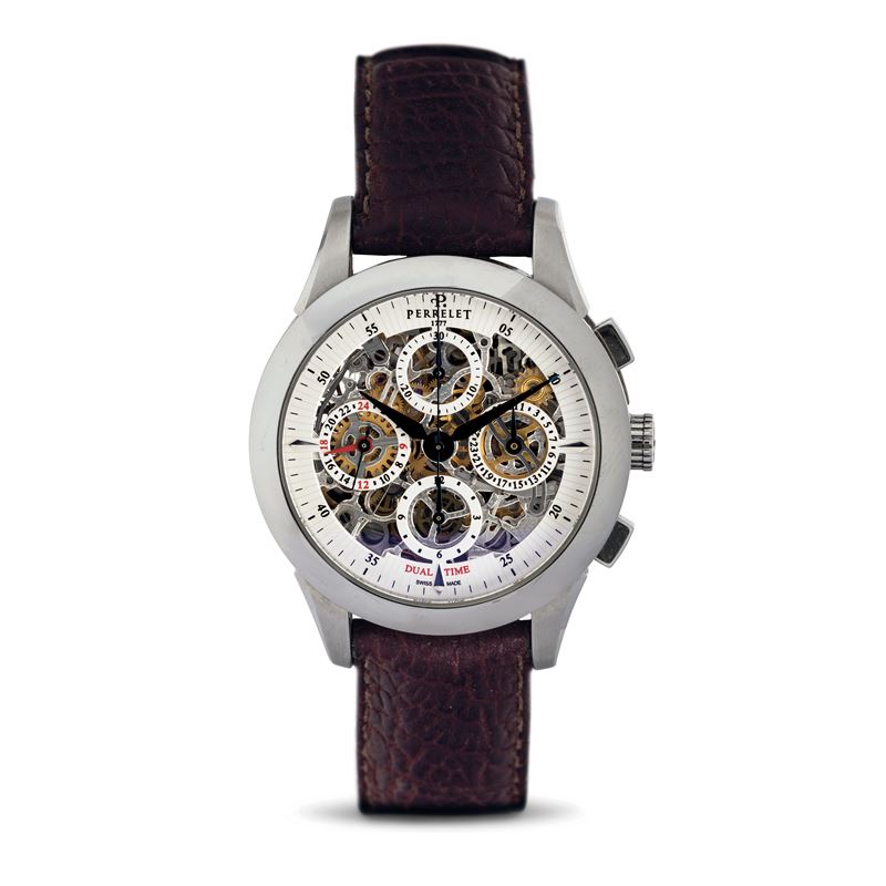 Perrelet : Complex and prestigious Dual Time skeleton steel chronograph with date, leather strap with original deplyant  - Auction Watches - Cambi Casa d'Aste