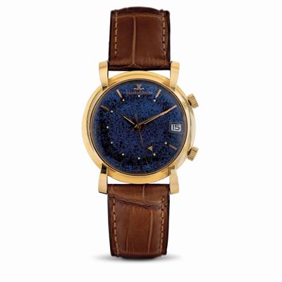 Raro e Attraente Orologio da Polso Svegliarino Memodate in Oro Giallo 18 Kt e Quadrante Blu Effet...
