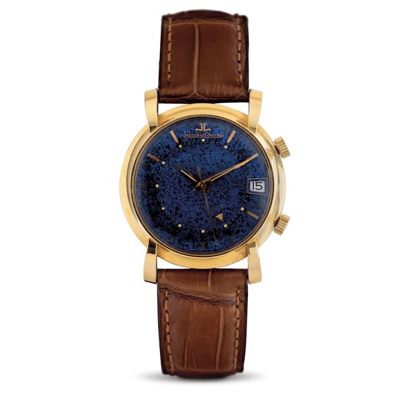 Jaeger-LeCoultre - Raro e attraente orologio da polso svegliarino Memodate in oro giallo 18 kt e quadrante blu effetto lapis e indicazione della data