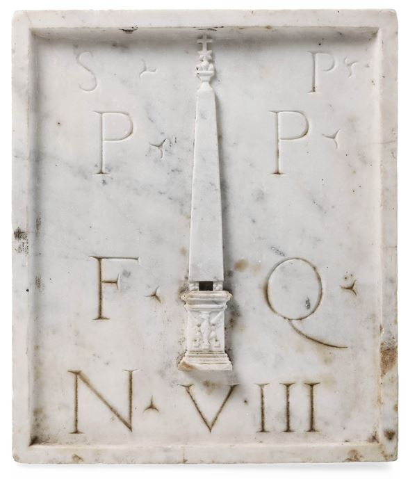 Lapicida italiano (Roma?), XVIII-XIX secolo Targa con raffigurazione di obelisco e iscrizioni