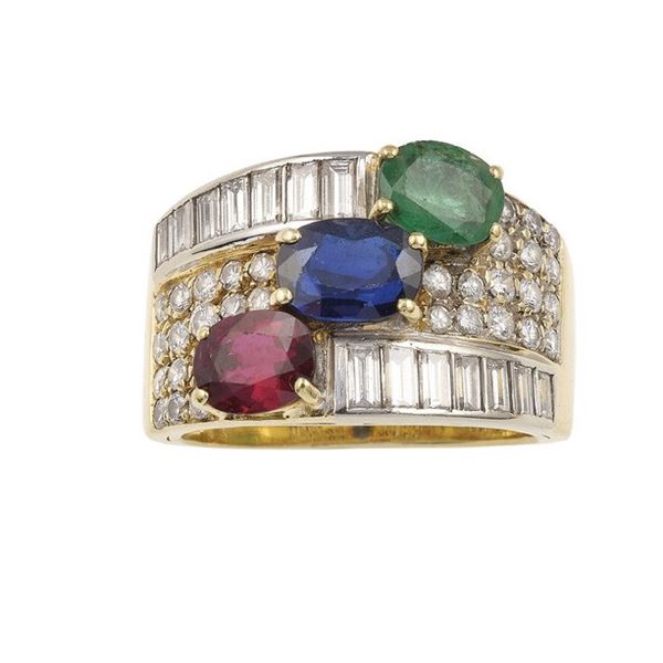 Diamond, sapphire, emerald and ruby ring