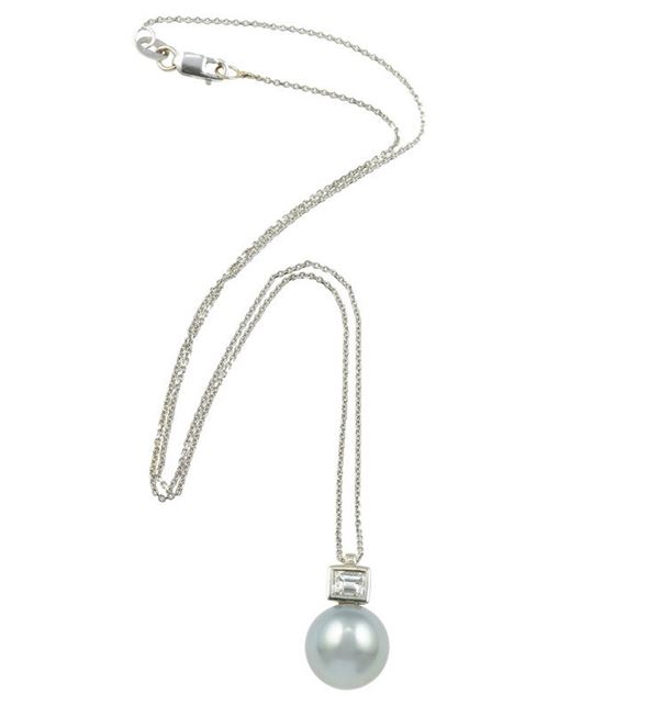 Grey cultured pearl and diamond necklace