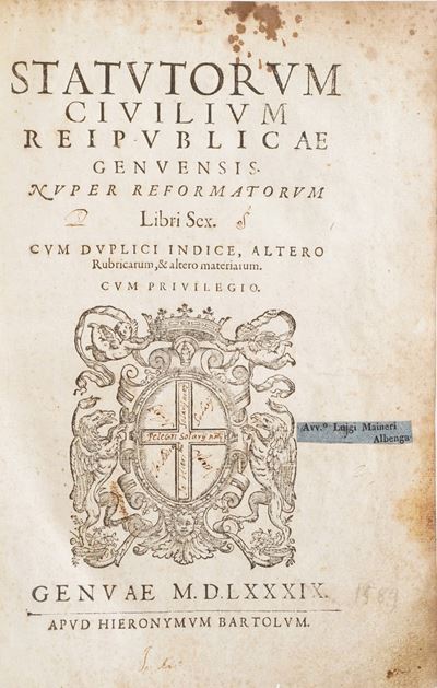 Genova- Giuridica. Statutorum Civilium Reipublicae Genuensis, Genova, Bartoli, 1589
