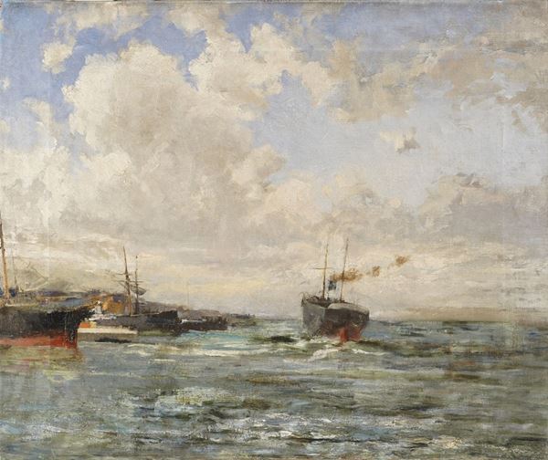 Artista del XIX secolo Veduta costiera con navi