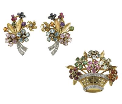 Demi-parure Composta da una Spilla ed un Paio di Orecchini con Diamanti e Gem-set