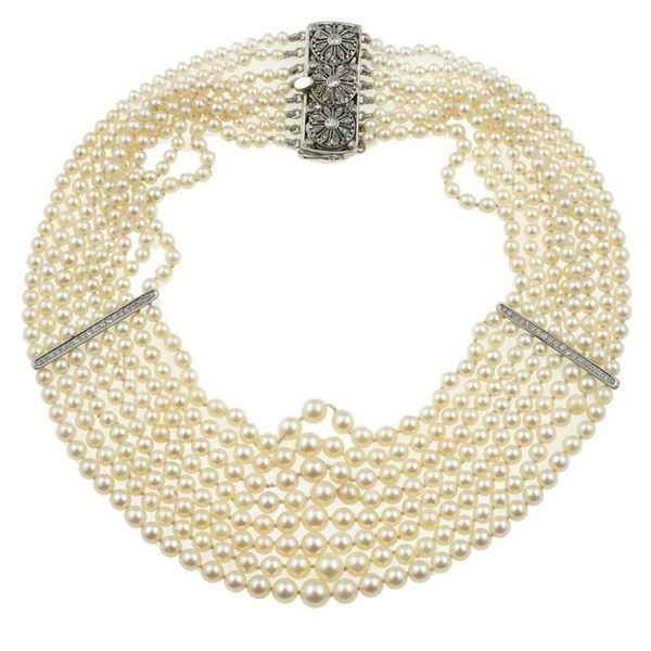 Cultured pearl, diamond and gold necklace