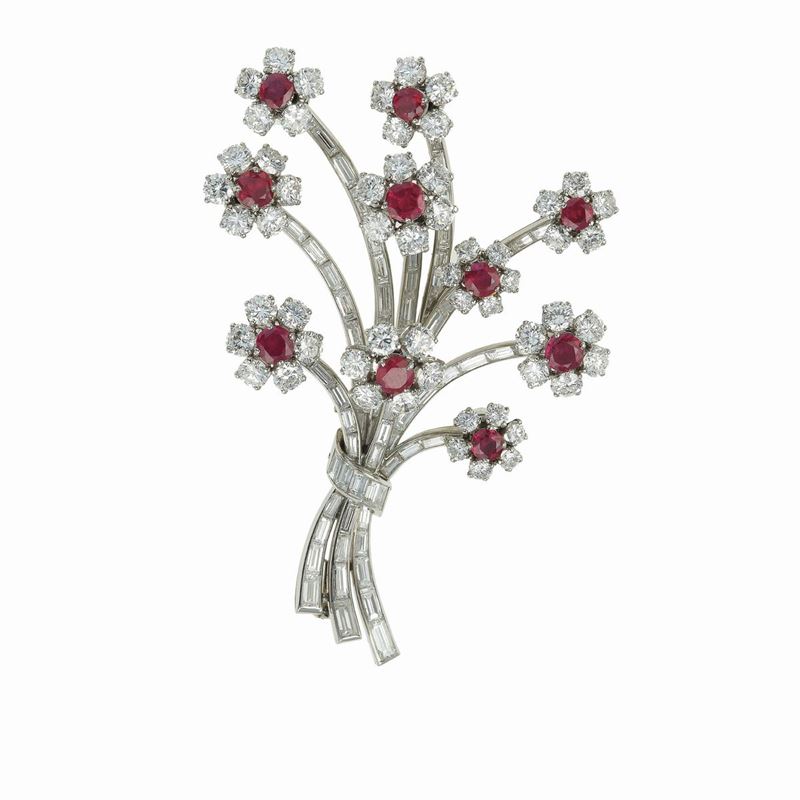 Platinum, diamond and ruby “en tremblant” brooch  - Auction Fine Jewels - Cambi Casa d'Aste
