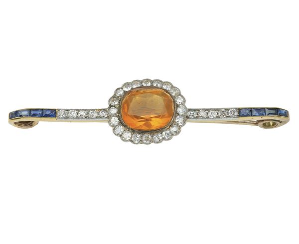 Fire opal, sapphire and diamond brooch