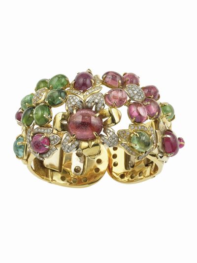 Giodoro, Bracciale rigido con tormaline e diamanti in oro giallo 750/1000