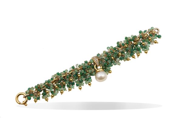 Emerald, diamond, cultured pearl and gold bracelet
