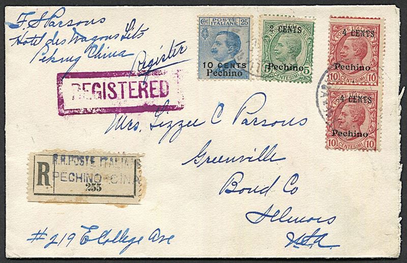 1922, Uffici Postali in Cina, Pechino, raccomandata da Pechino per Greenville, Illinois  - Asta Storia Postale e Filatelia - Cambi Casa d'Aste
