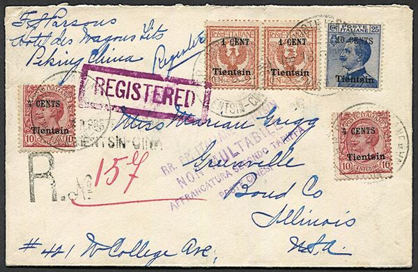 1922, Uffici Postali in Cina, Tientsin, raccomandata da Tientsin per Greenville, Illinois