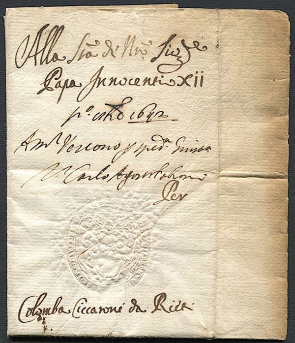 1692, Stato Pontificio, lettera da Rieti indirizzata a Papa Innocenzo XII (1615/1700)