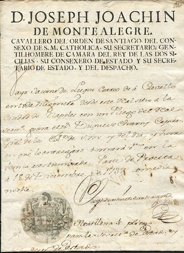 1737, Regno di Napoli, foglio di via per “Correo de à Cavallo”, da Procida a Napoli del 18 dicembre 1737