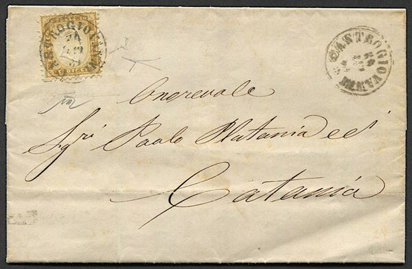1862, Regno d’Italia, Sicilia, lettera da Castrogiovanni per Catania, del 19 ottobre 1862