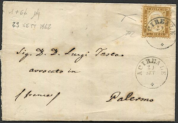 1862, Regno d’Italia, Sicilia, sopracoperta da Acireale per Palermo del 29 settembre 1862